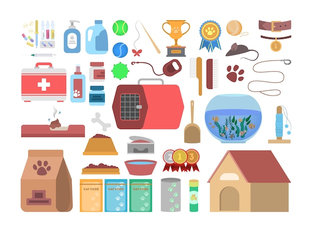 Vector pet shop set with different goods for animal. food and toy for domestic pet in the store. dog and cat care.    illustration