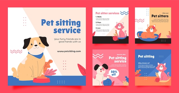 Pet sitting service flat design instagram posts collection