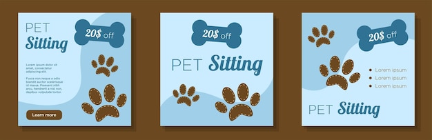 Pet sitting service social media post, banner set, animal care advertisement concept, paw, food