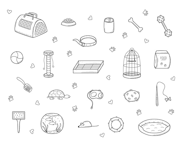 Pet store doodle a set of icons of goods for the animal store Vector illustration