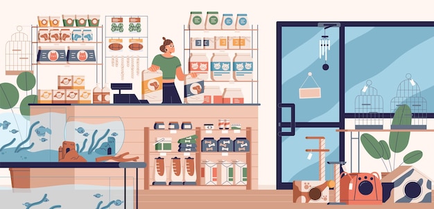 Pet store, retail shop interior with vendor, cashier behind counter desk, standing with cats and dogs feed, home animals goods, supplies on shelf. Petshop with zoo accessory. Flat vector illustration.