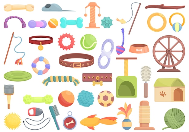 Pet toys icons set cartoon vector. Cat dog toys. Animal friend