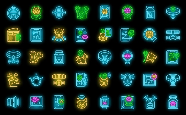 Pet tracker icons set vector neon