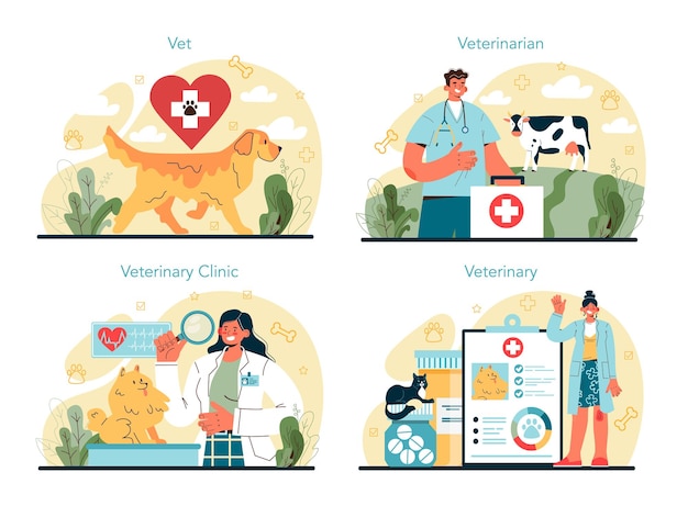 Pet veterinarian concept set veterinary doctor checking and treating