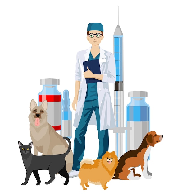 Vector pet veterinarian. veterinary doctor checking and treating animals. idea of pet care. animal medical treatment and vaccination. vector illustration of man veterinarian with cute pets, dogs, cat.