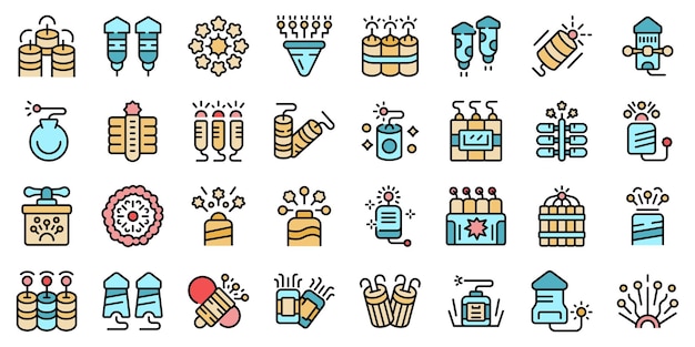 Petard icons set outline vector Tnt game Safety festival thin line color flat on white