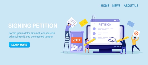 Petition form on computer screen. People signing and spreading petition or complaint. Online balloting, making choice. Paper, democracy. Collective public appeal document addressed to government