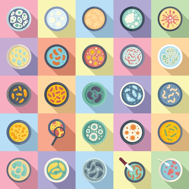 Petri dish icons set flat vector Bacteria experiment