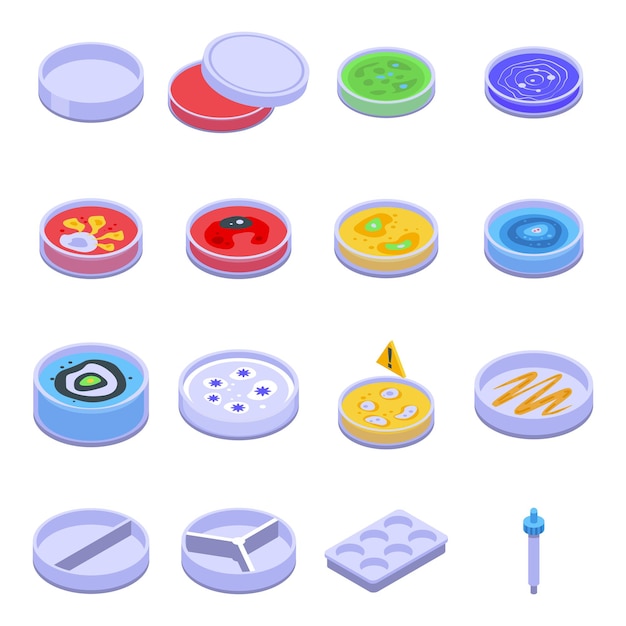 Petri dish icons set. Isometric set of petri dish vector icons for web design isolated on white background