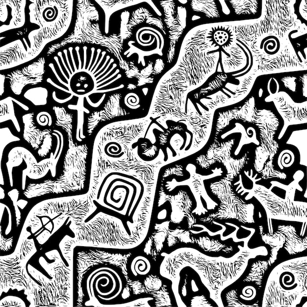 Petroglyphs cave drawings seamless pattern