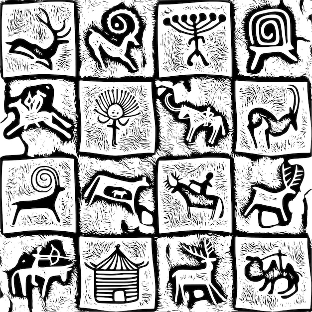 Petroglyphs of Central Asia cave drawings seamless pattern