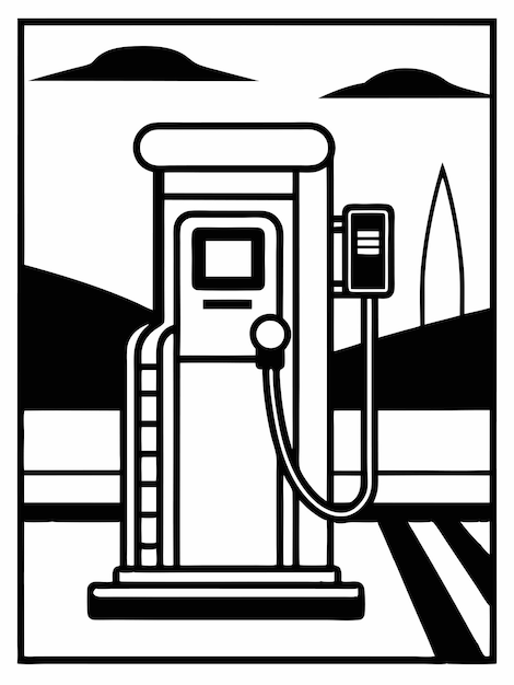 Vector petrol pump on a road colouring book pages for children and adults with vector design