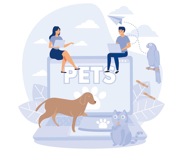 Pets care Pet shop Tiny people and Pets Concept flat vector modern illustration