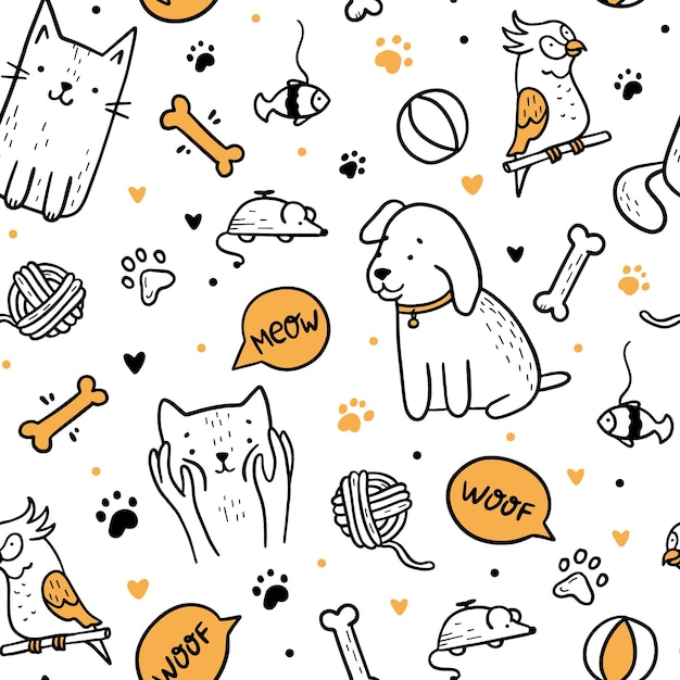 Pets cats and dogs seamless pattern in doodle style