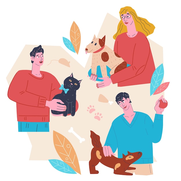 Pets and owners people cares of domestic animals flat vector illustration isolated