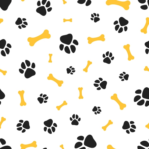 Pets paw pattern. Bones and animal footsteps seamless texture.