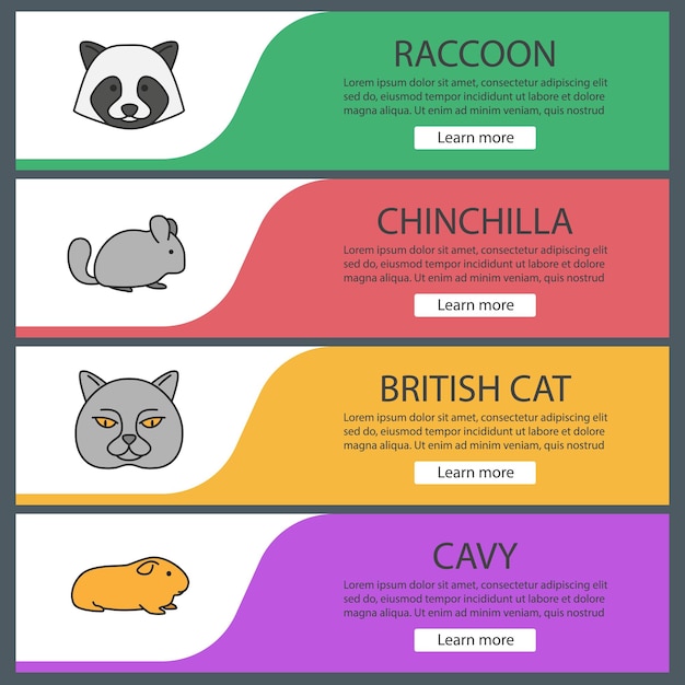 Pets web banner templates set. Raccoon, chinchilla, British cat, cavy. Website color menu items. Vector headers design concepts