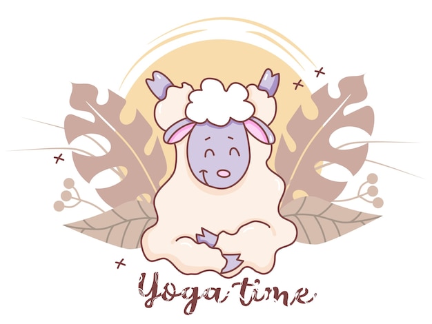 Pets yoga time Cute lamb is engaged in yoga sitting in an asana Concept yoga time Vector