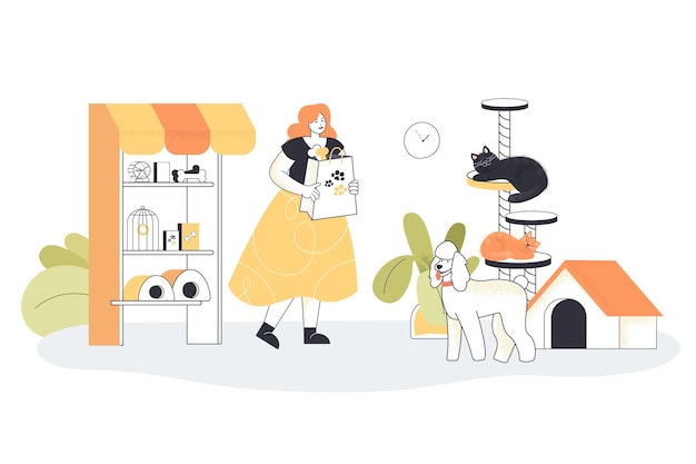 Petshop interior with female cartoon character, dog and cats