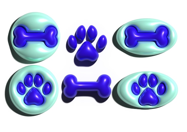 petshop set of blue vectors bone and animals paw with puffy effect