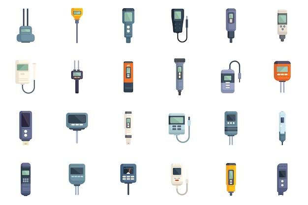 Ph meter icons set flat vector Chemical acid