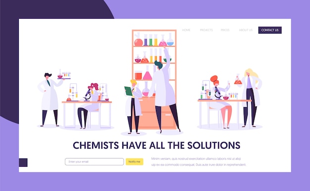 Pharmaceutic Lab Research Concept Landing Page. Doctor Man Character and Woman Assistant in Medical Uniform. Microscope Flask Tube Website or Web Page. Flat Cartoon Vector Illustration