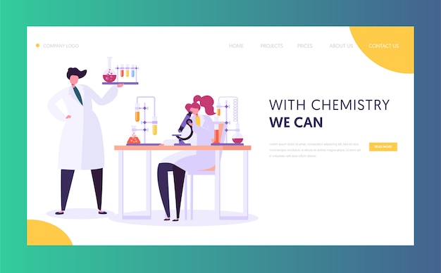 Pharmaceutic Laboratory Research Concept Landing Page. Scientists Characters Working in Chemistry Lab with Medical Equipment Microscope, Flask, Tube Website. Vector illustration