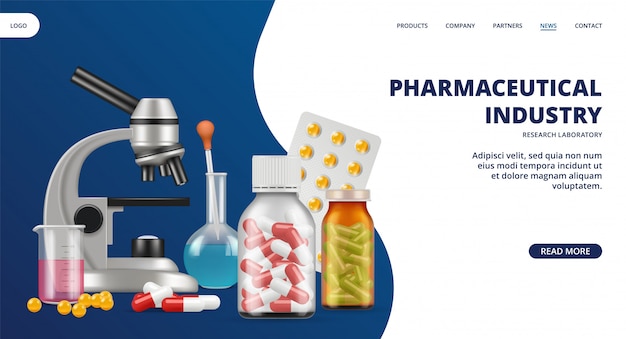 Vector pharmaceutical industry landing page. medicine, research laboratory  web banner. realistic pills and lab equipment