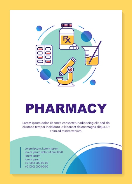 Pharmaceutical industry poster template layout. Drugs production. Banner, booklet, leaflet print design with linear icons. Vector brochure page layouts for magazines, advertising flyers