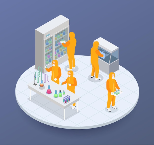 Pharmaceutical production isometric composition of round platform with scientist characters and test tubes with colourful liquids