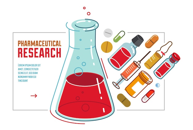 Vector pharmaceutical research vector illustration with chemical flask and different medicine vector medical science concept