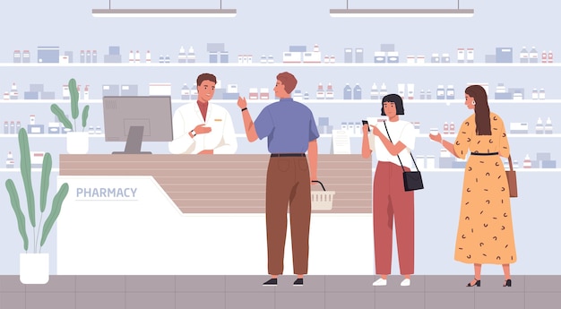 Pharmacist helping customers to choose drugs in pharmacy. People at drugstore's counter, buying medicines and consulting with druggist. Colored flat vector illustration of pharmaceutical service.