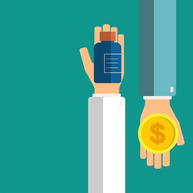 Pharmacist hold bottle with pills in hands patient give money Healthcare concept Vector illustration