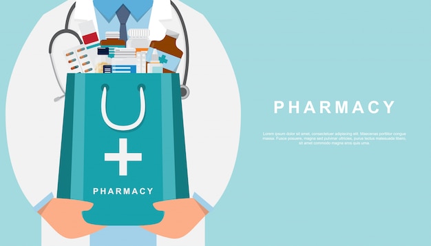 Pharmacy background with doctor holding a medicine bag