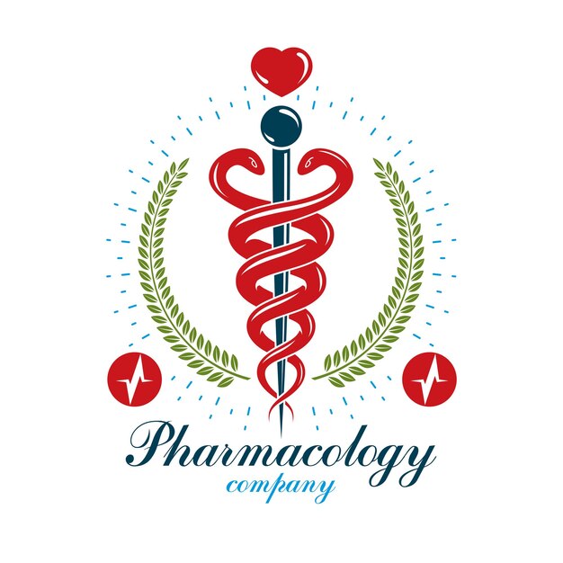 Pharmacy Caduceus icon, medical logo created with heart shape and electrocardiogram chart symbol. Cardiology diagnosis clinic emblem for use in medicine and rehabilitation.