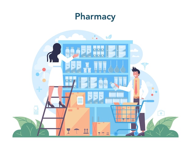 Pharmacy concept Pharmacist preparing and selling drugs in bottle and box for disease treatment Healthcare and medical treatment concept Isolated vector illustration