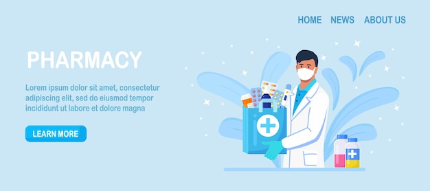 Pharmacy concept. Pharmacist standing and holding shopping bag with medication, pills bottle, prescription drugs, antibiotic for disease treatment. Medical treatment