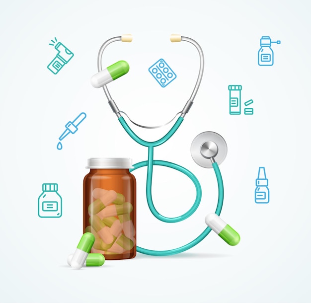 Pharmacy Concept with Pills Capsules in Medical Glass Bottle and Stethoscope Vector