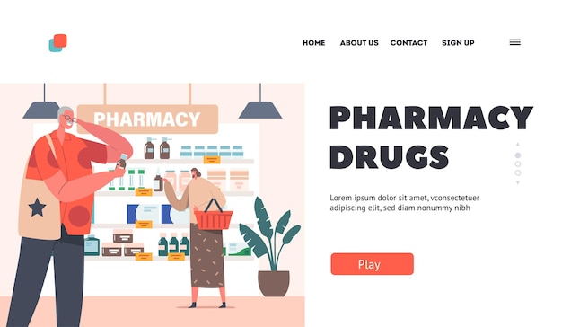 Pharmacy Drugs Landing Page Template Senior Characters with Shopping Carts Purchase Drugs Customers Walk along Shelves Read Labels on Medications and Pills Cartoon People Vector Illustration