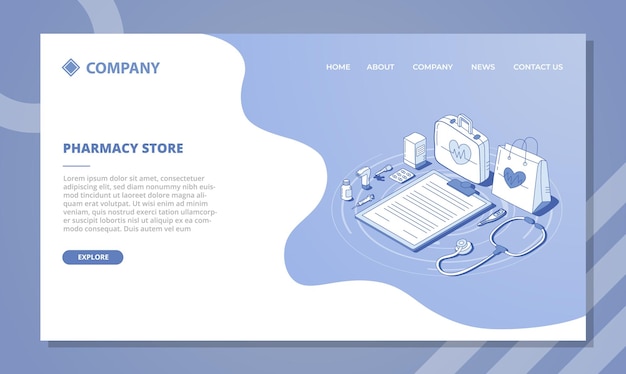 Pharmacy store concept for website template or landing homepage with isometric and outline style