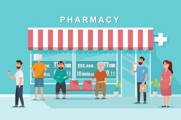 Pharmacy store with client in the city