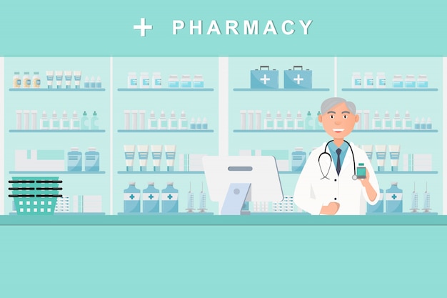 Pharmacy with doctor in counter