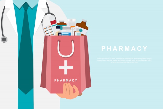 Pharmacy  with doctor holding a medicine bag