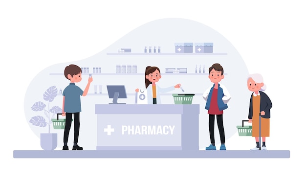 Pharmacy with pharmacist and client in counter drugstore cartoon character design vector illustration