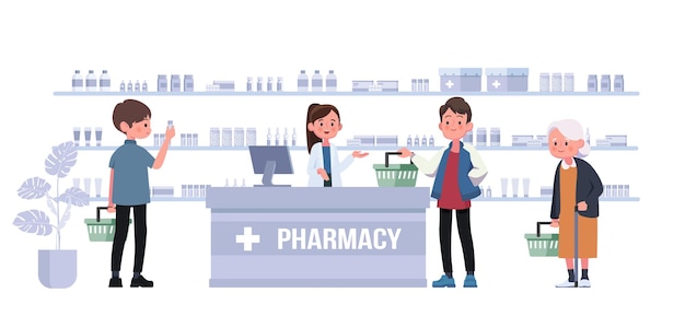 Pharmacy with pharmacist and client in counter. drugstore cartoon character   illustration