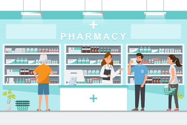 Pharmacy with pharmacist and client in counter