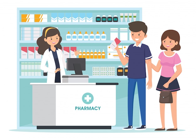 Pharmacy with pharmacist in counter