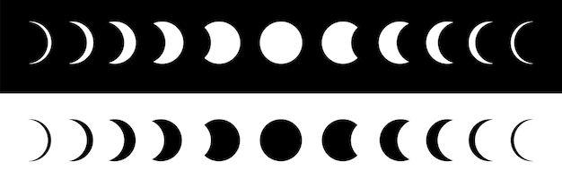 Phases of the moon on black and white backgrounds. Moon calendar. The movement of the moon