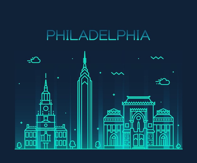 Philadelphia skyline, detailed silhouette. Trendy vector illustration, linear style.