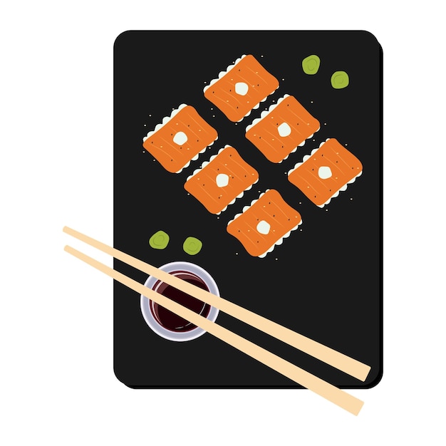 Philadelphia sushi are beautifully laid out with sauce top view on a black background vector illustration of japanese food